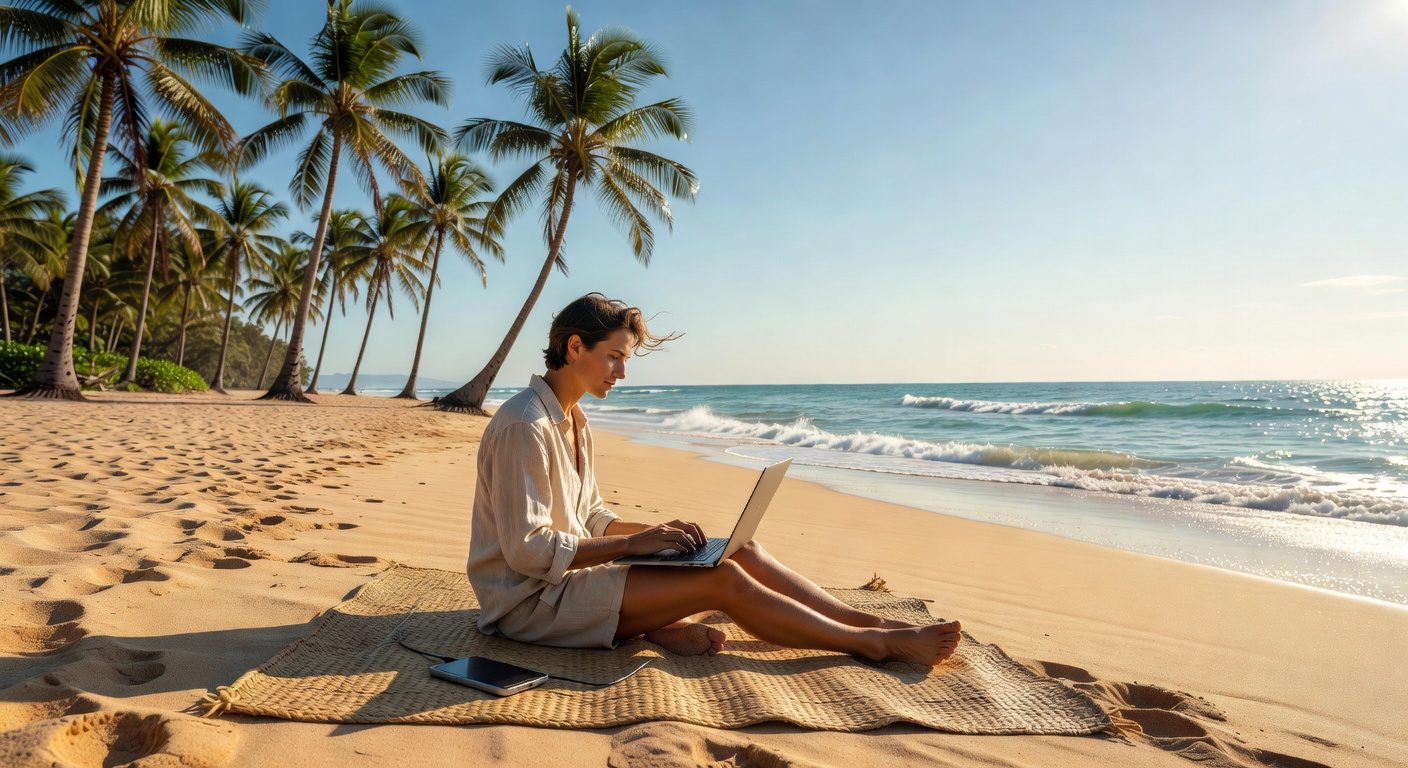 Digital nomad working remotely on the beach